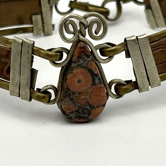 Vintage Egyptian Revival Jasper Stone Bracelet Brass Mixed Metal 6.75 in - Picture 12 of 16